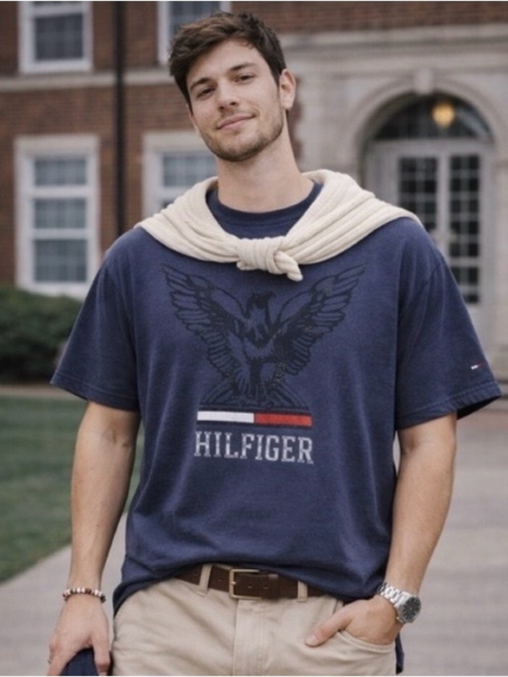 TOMMY HILFIGER Y2K Navy Blue Eagle Crest Graphic Tee Embroidered Logo Sz L Prep